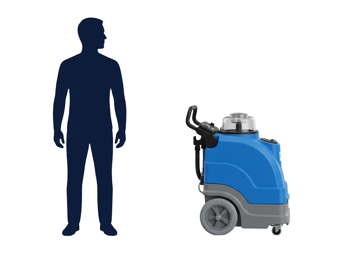 Size comparison: Airflex Storm carpet cleaning extractor next to a 180cm tall adult